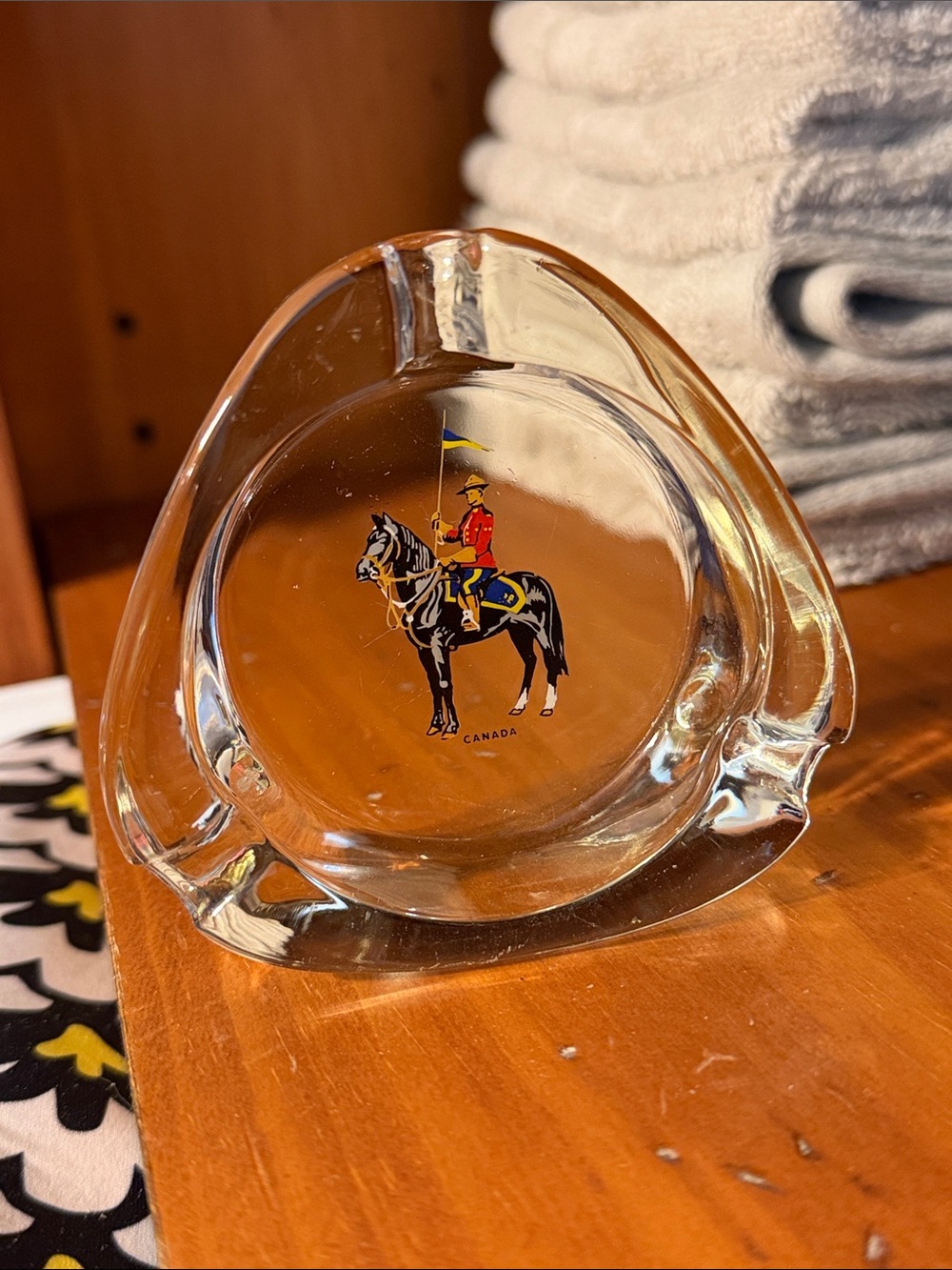 Source Unknown Clear Glass Ashtray with Colorful Mountie on Horse Graphic